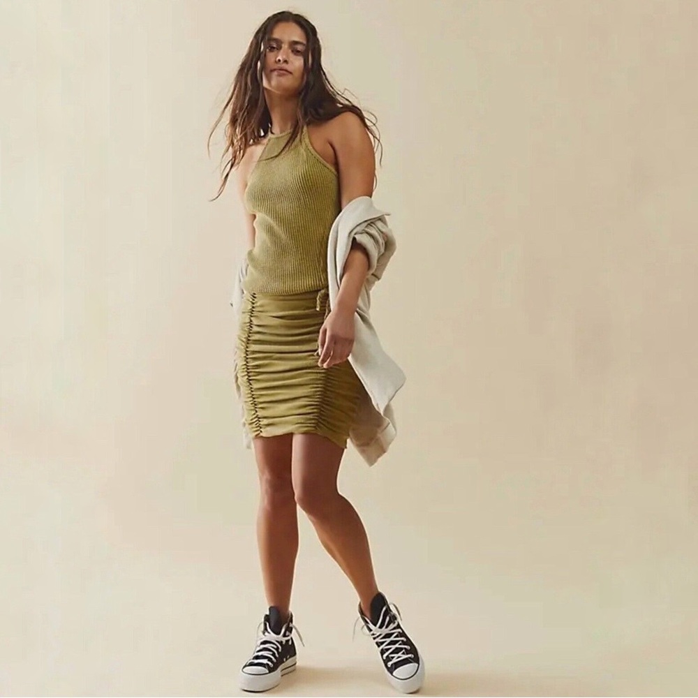 Free People One | Katya Waffle Ruched Mini Dress Olive Size‎ XS